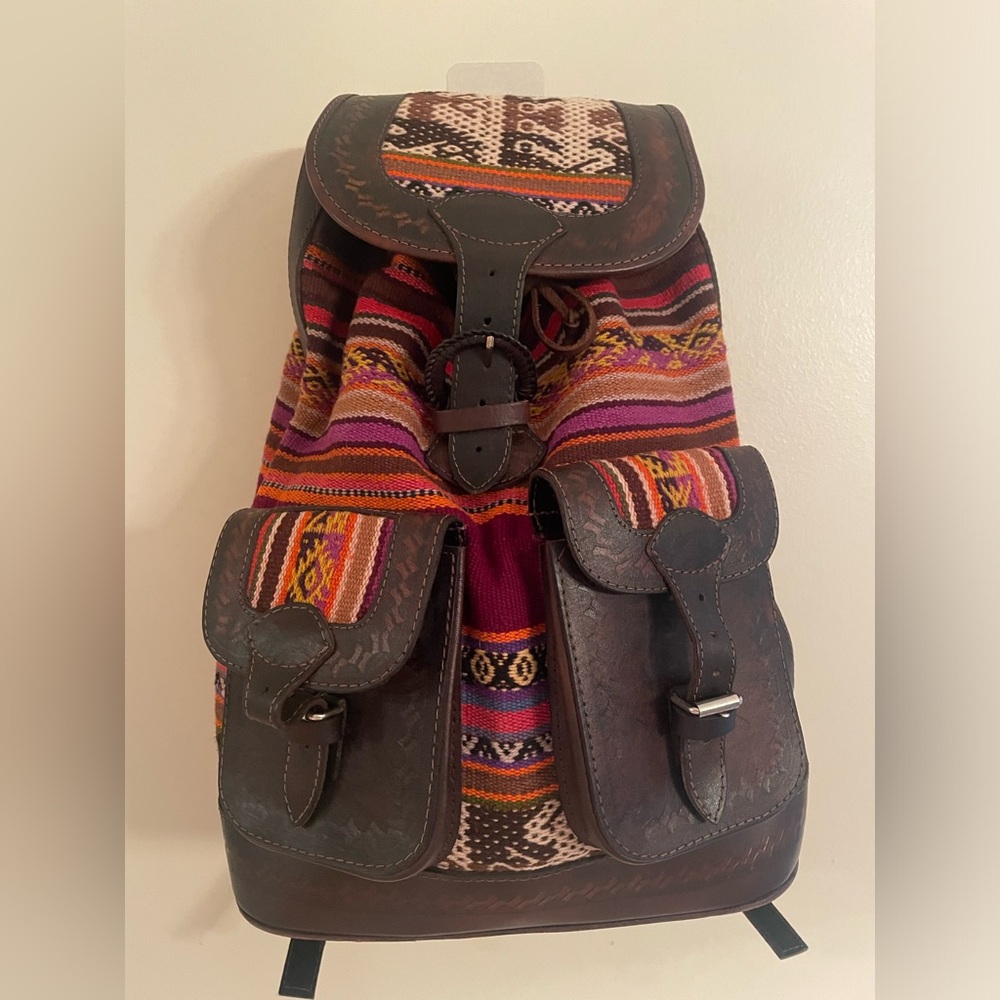 Large Beautiful Handcrafted Bolivian Andean Tooled Leather & Wool Backpack